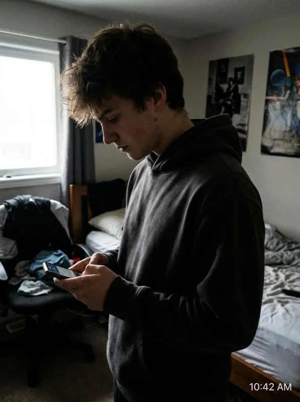 Fictional person wearing a casual hoodie at home