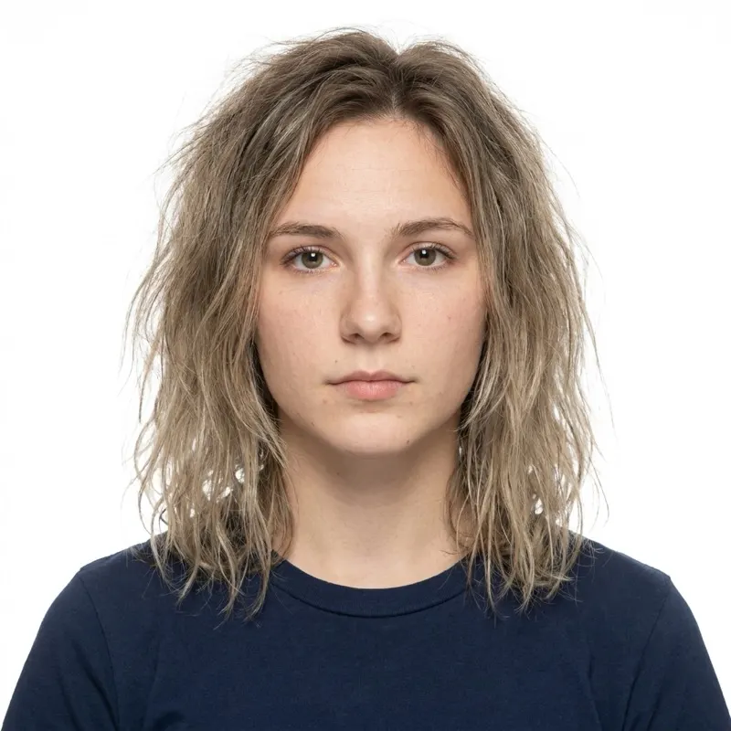Same fictional person after AI editing: patterned t-shirt replaced with a plain navy top