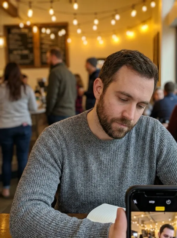 Fictional person sitting in a coffee shop with a blurred background, casual photo