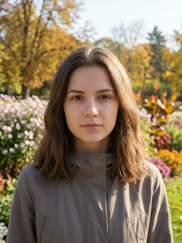 Fictional person facing forward outdoors in a park, well-framed but with a green background